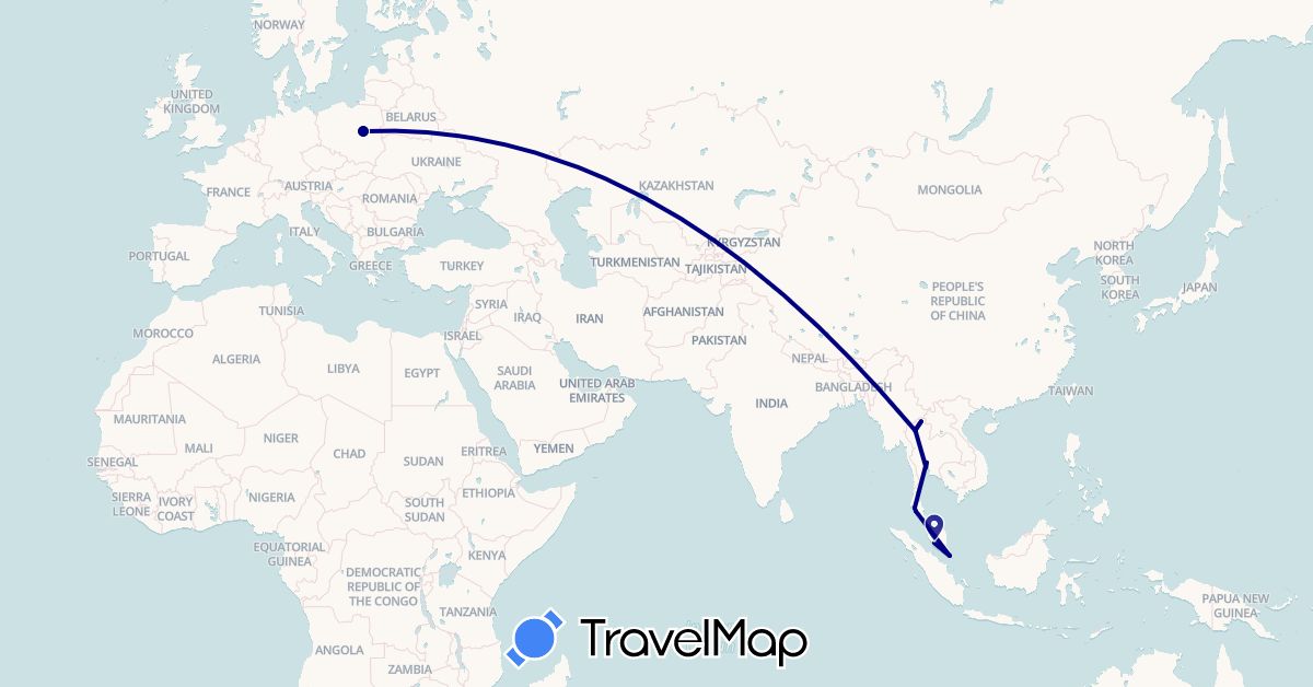 TravelMap itinerary: driving in Malaysia, Poland, Singapore, Thailand (Asia, Europe)